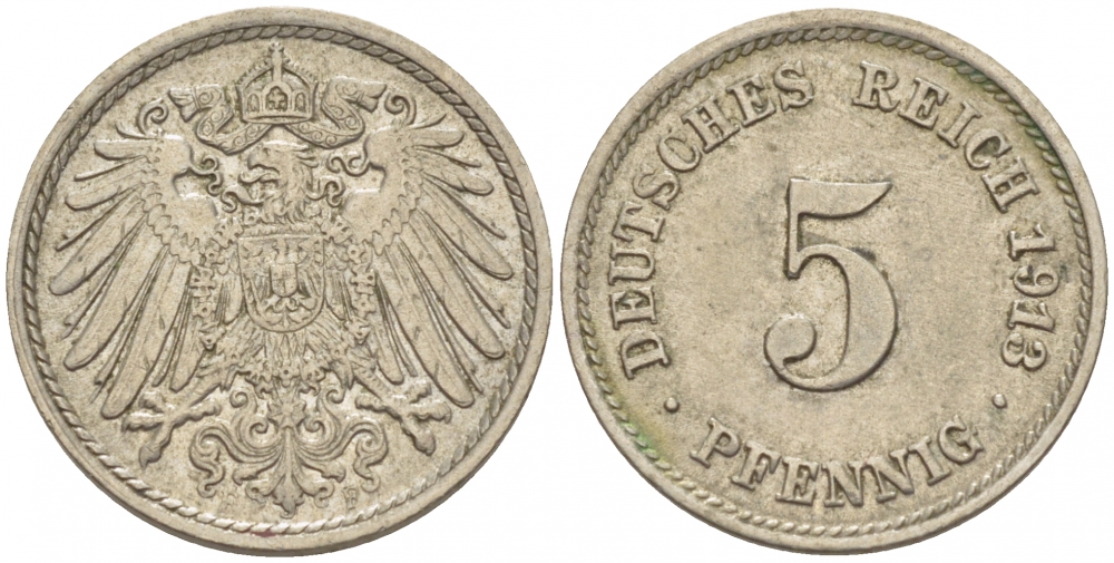 ГЕРМАНИЯ 5 ПФЕННИГОВ 1913 F, KM 11, J. 12 медно-никель 110-236