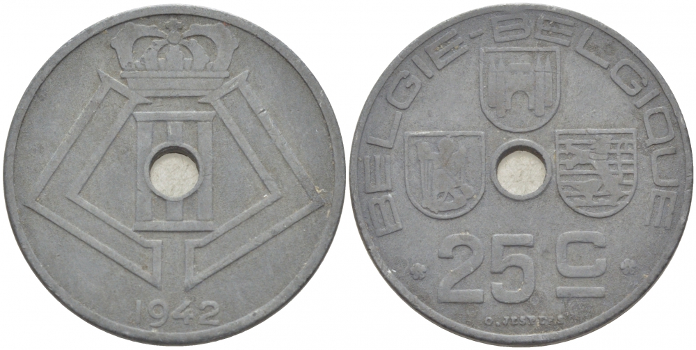 БЕЛЬГИЯ 25 САНТИМОВ 1942 BELGIE-BELGIQUE, ГЕРМАНСКАЯ ОККУПАЦИЯ, ВТОРАЯ МИРОВАЯ ВОЙНА KM 132 цинк 87-1546
