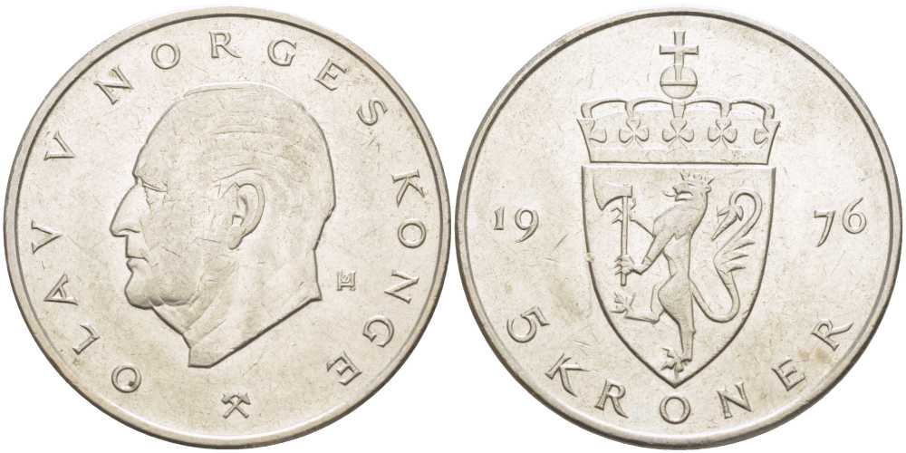 Норвегия 5 крон 1976 Улаф V (1958-1991) KM 420 медно-никель 41-545