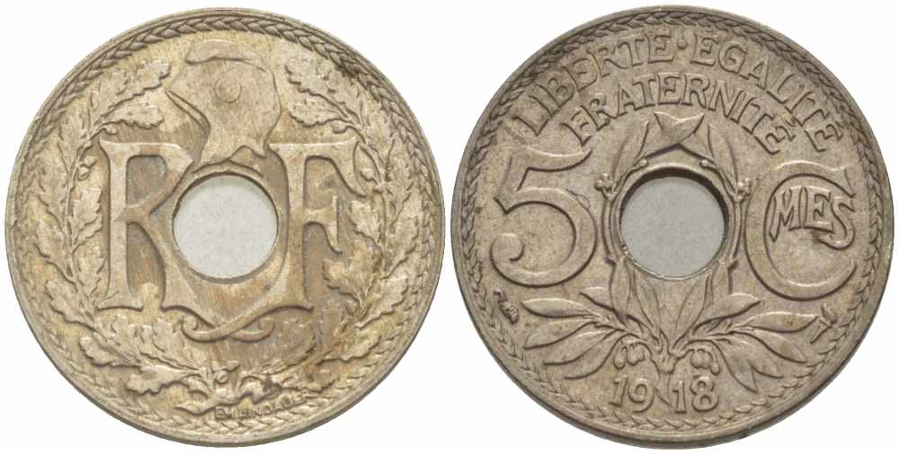 ФРАНЦИЯ 5 САНТИМОВ 1918 ТИП ЛИНДАЙЁ KM 865, LE FRANC 121.2 медно-никель 28-255
