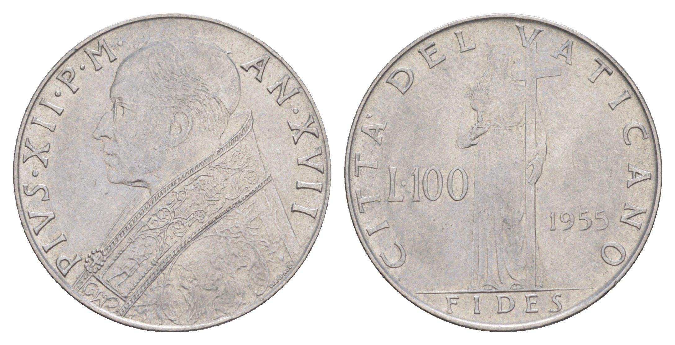 Ватикан 100 лир 1955 Пий XII KM 55 нержавеющая сталь aUNC 4648-132