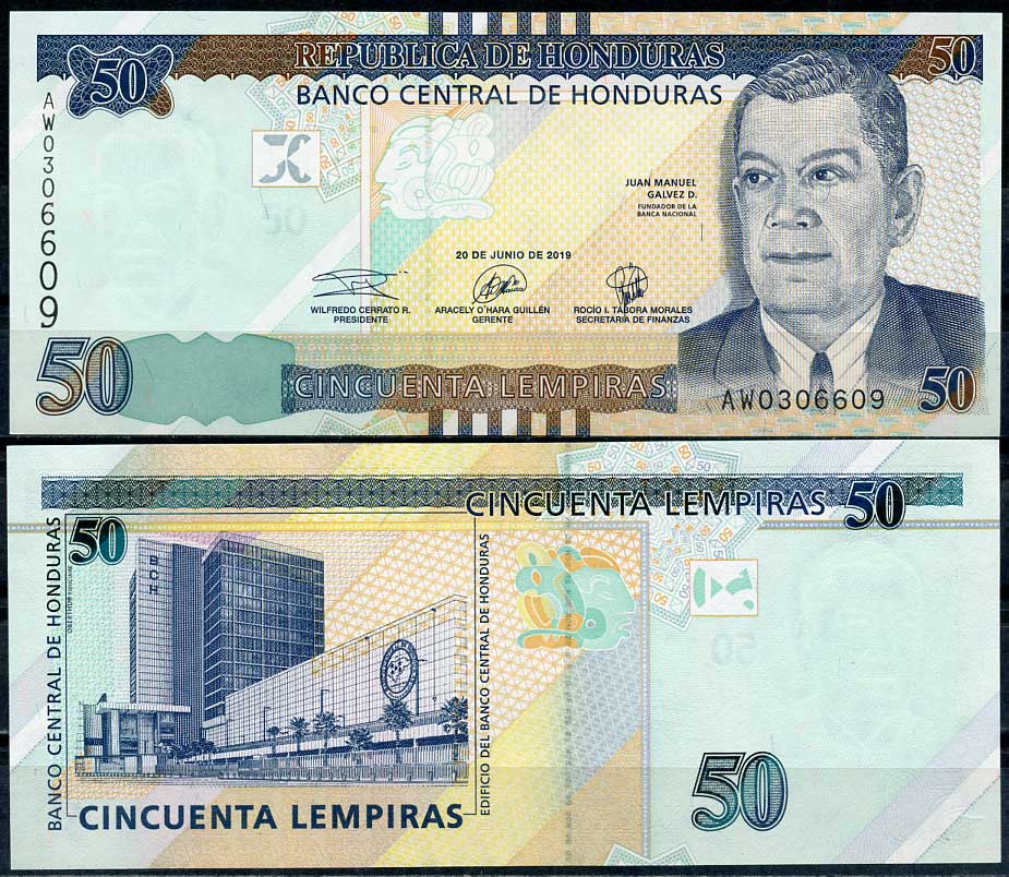 Гондурас 50 лемпира 2019 Хуан Мануэль Гальвес, здание Центрального банка в Тегусигальпе Pick 104  бумага  UNC (пресс) 447-103-3
