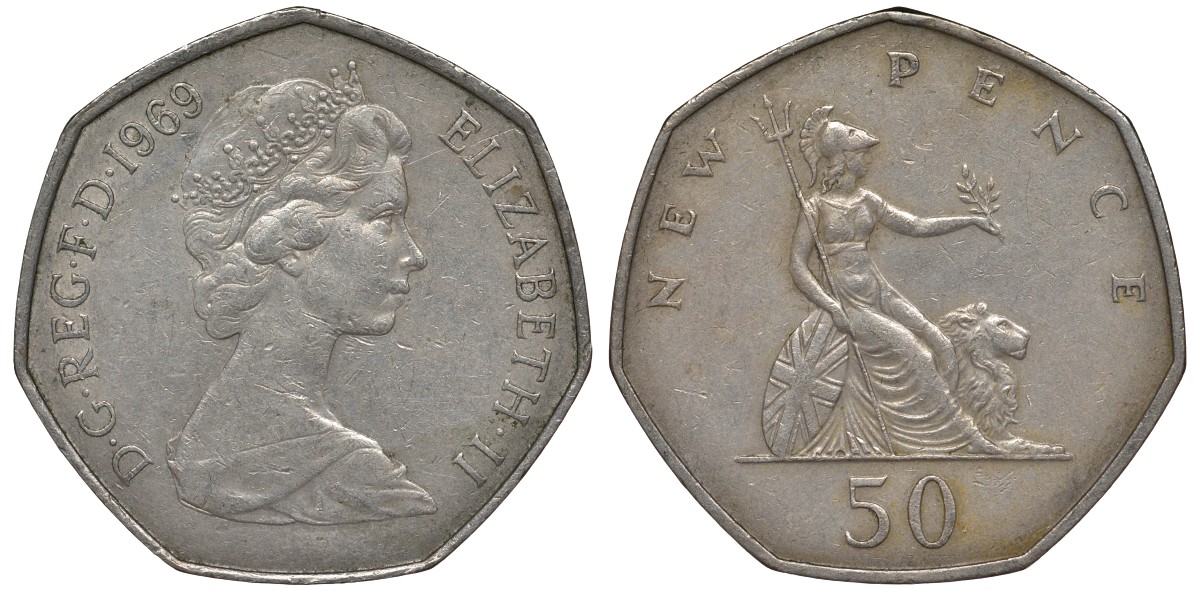 Великобритания 50 пенсов 1969 Елизавета II (1952-2022) KM 913, Spink 4223 (H1) медно-никель 4123-834