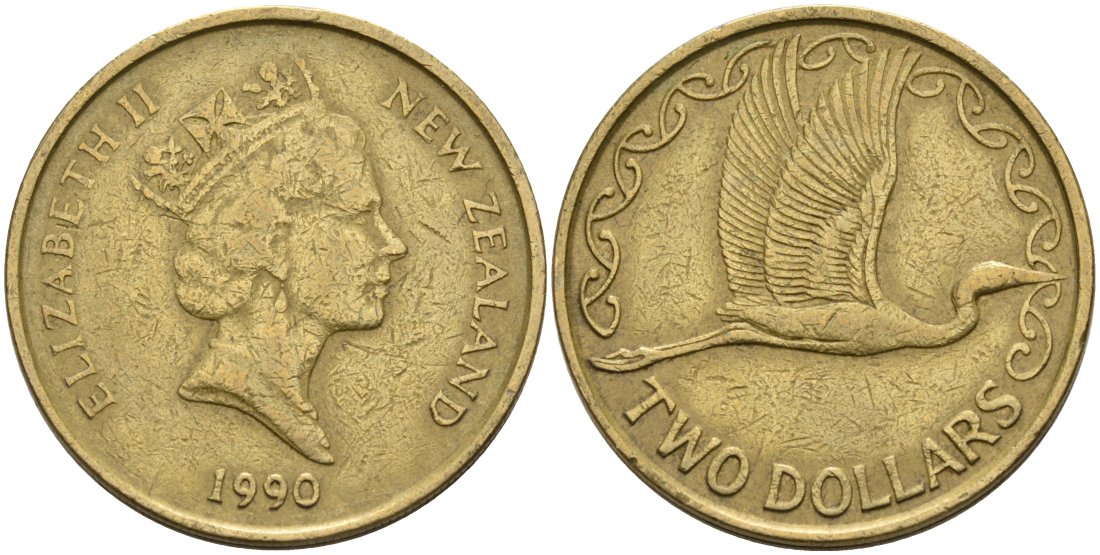 Новая Зеландия 2 доллара 1990 Елизавета II (1952-2022), большая белая цапля KM 79 алюминиевая бронза 51-4021
