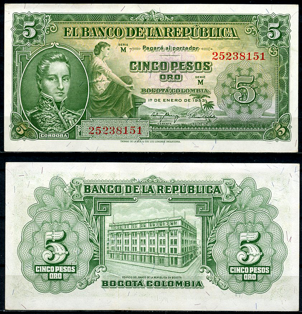 Колумбия 5 песо 1953 Хосе Мария Кордова, здание Центрального банка Pick 399  бумага  UNC (пресс) 00-00
