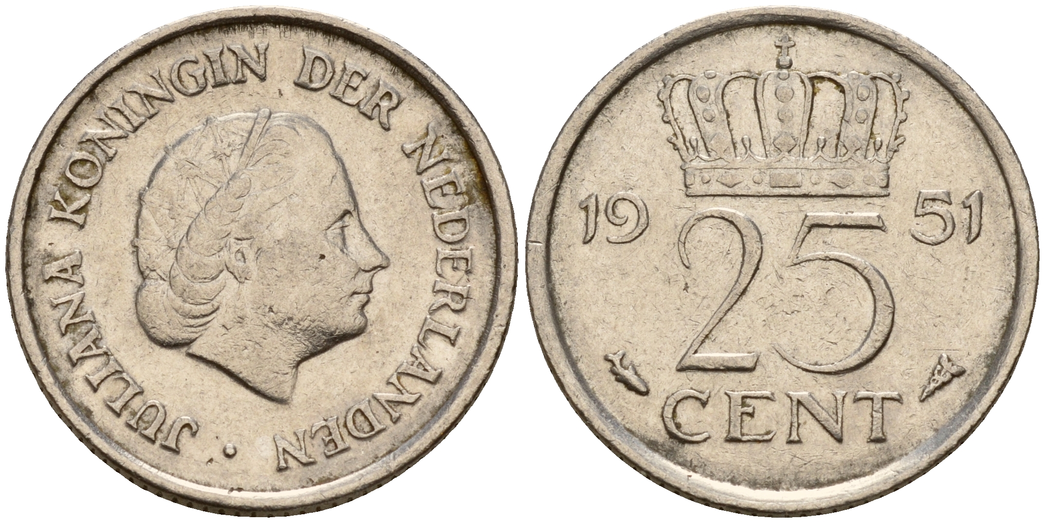 Нидерланды 25 центов 1951 Юлиана (1949-1980) KM 183 никель    4598-348