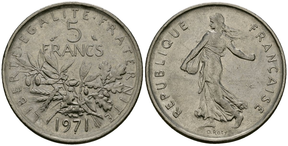 Франция 5 франков 1971 сеятель KM 926a.1, Le Franc 341.3 медно-никель плакированный никелем 4120-1235