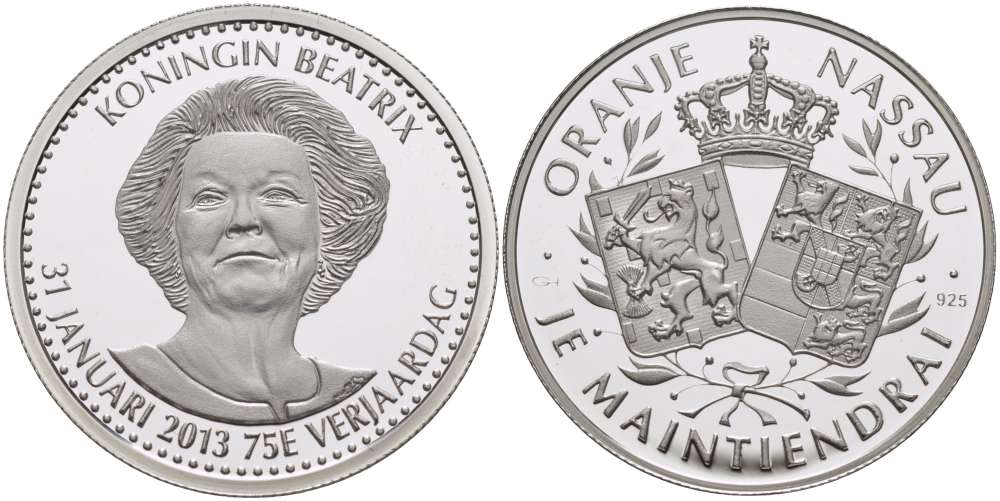 НИДЕРЛАНДЫ МЕДАЛЬ 2013 75 ЛЕТ КОРОЛЕВЕ БЕАТРИКС, 31 ЯНВАРЯ 2013, ПРОБА 925, ДИАМЕТР 30 ММ., ВЕС 7,8 ГР. серебро PROOF 1074-8-33