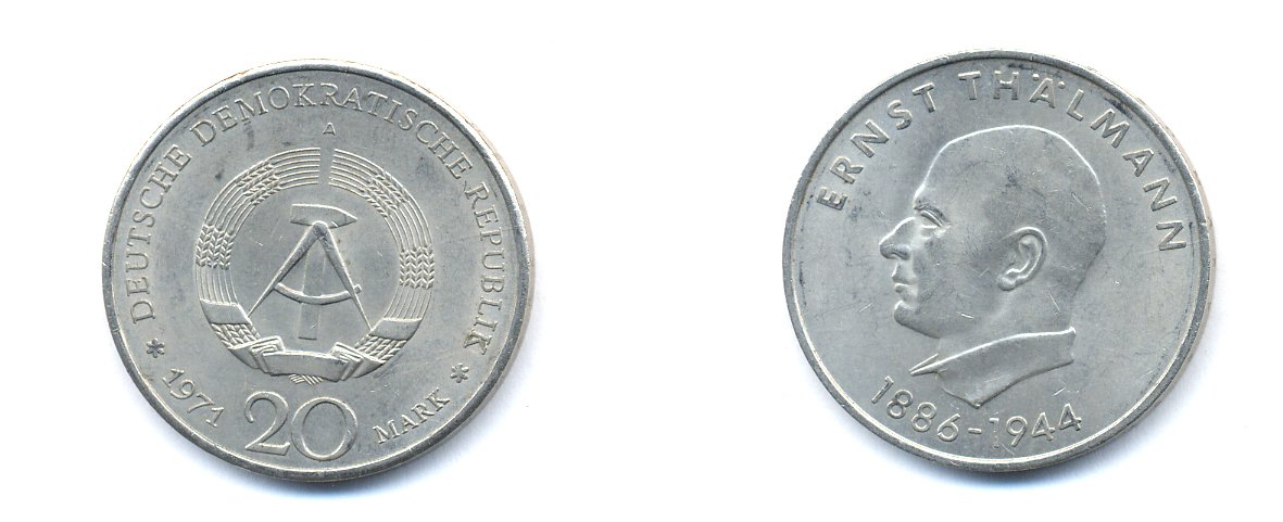 ГДР 20 марок 1971 A, 85 лет со дня рождения Эрнста Тельмана KM 34, J. 1535 медно-никель 3333-612