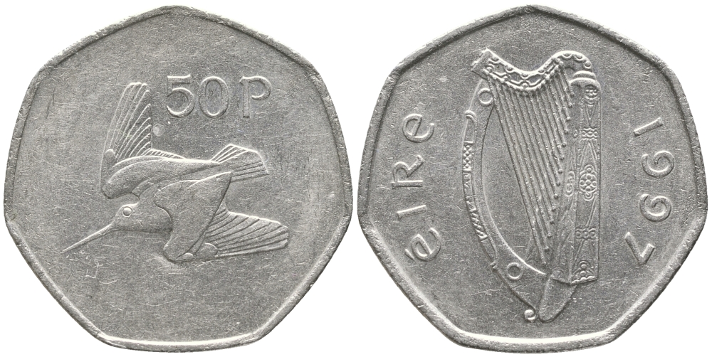 ИРЛАНДИЯ 50 ПЕНСОВ 1997 ВАЛЬДШНЕП KM 24 медно-никель 47-315