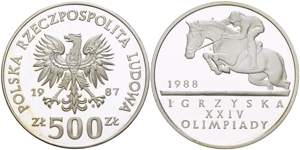 Польша 500 злотых 1987 MW, XXIV летние Олимпийские игры 1988 года в Сеуле, конный спорт KM 165, Parchimowicz 331 серебро PROOF 1085-1-73
