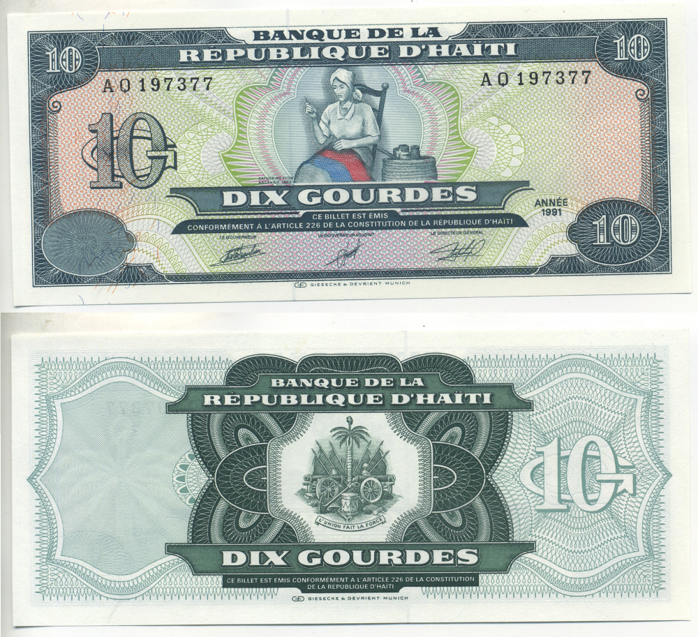ГАИТИ 10 ГУРДОВ 1991 Pick 256а бумага UNC (ПРЕСС) 7457-14-3