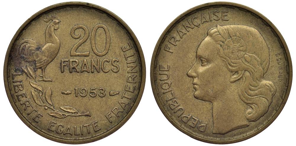 ФРАНЦИЯ 20 ФРАНКОВ 1953 4 ПЕРА, ПЕТУХ, ТИП GURAUD KM 917.1, LE FRANC 402.11 алюминиевая бронза 27-747