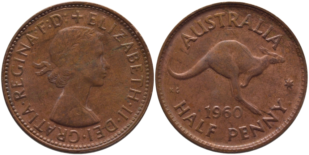 Австралия 1/2 пенни 1960 p, Елизавета II (1953- ), кенгуру KM 61 бронза 4379-1355