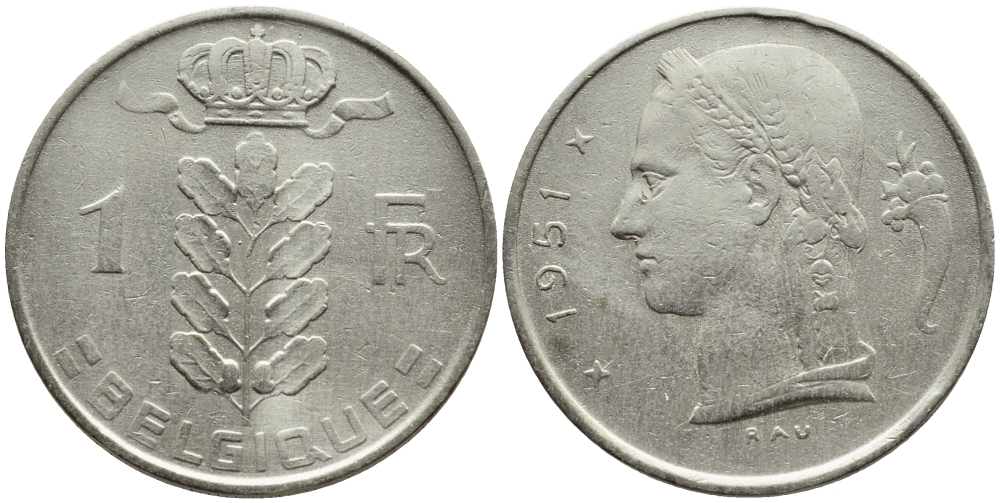 БЕЛЬГИЯ 1 ФРАНК 1951 BELGIQUE KM 142.1 медно-никель 4390-416