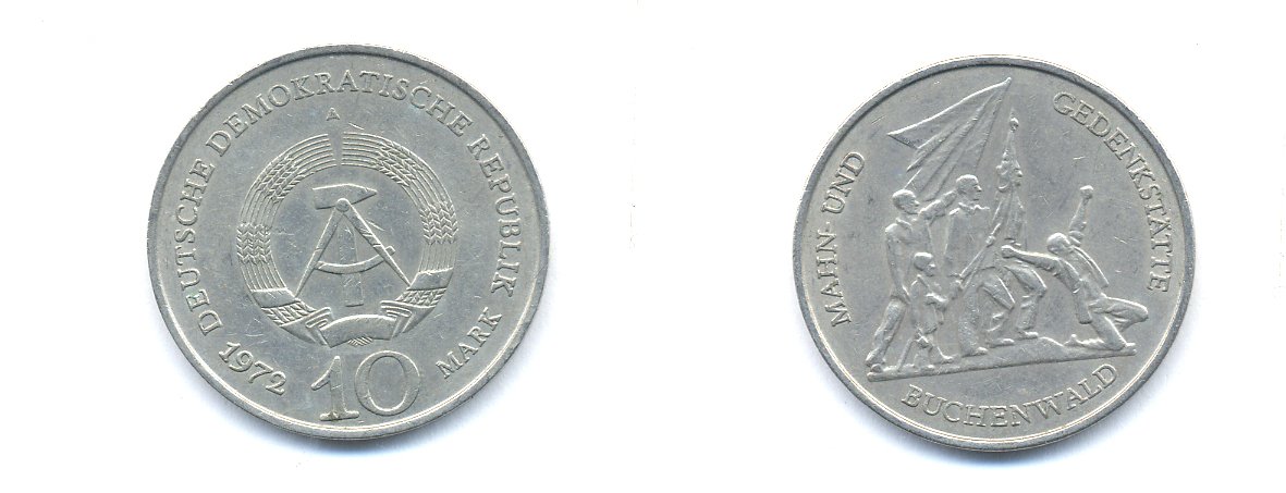 ГДР 10 марок 1972 A, мемориал Бухенвальда KM 38, J. 1539 медно-никель 3333-223