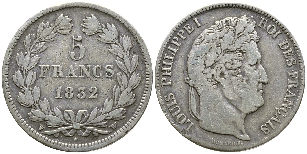 Франция 5 франков 1832 W, Луи Филипп I (1830-1848) KM 749.13 серебро 1066-6-43