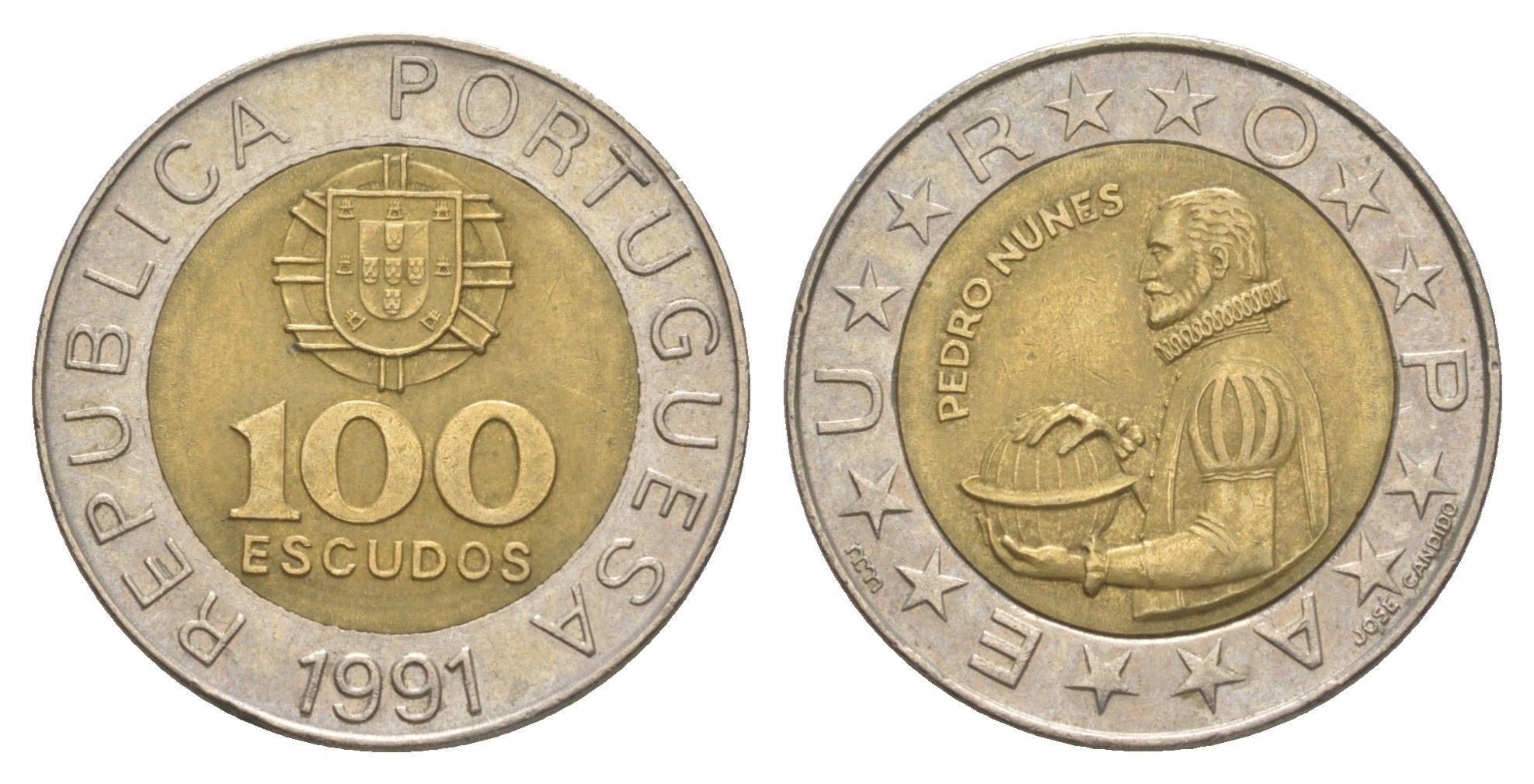 Португалия 100 эскудо 1991 Педру Нуниш (1502-1578), математик KM 645 биметалл aUNC 4388-323