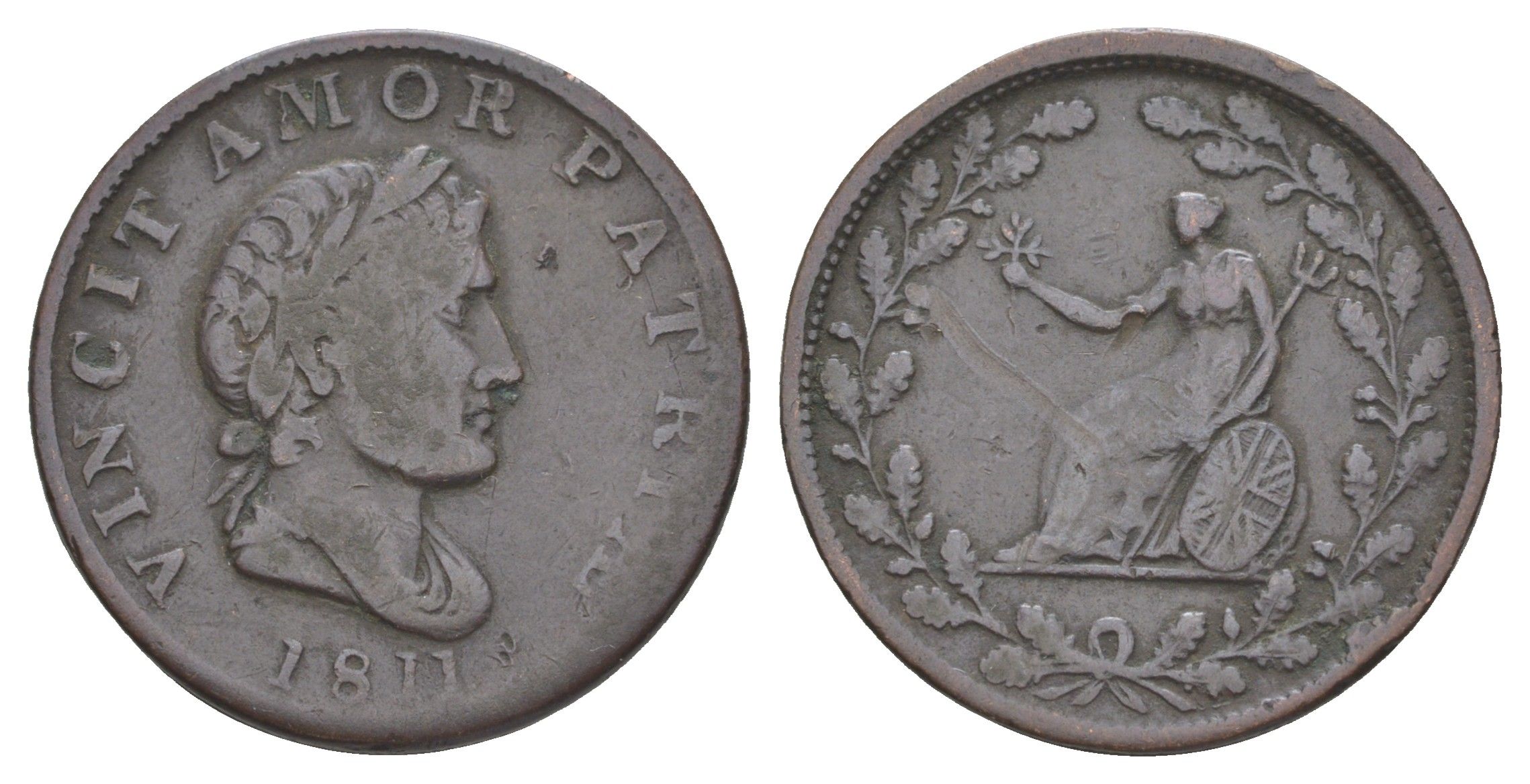 Великобритания 1/2 пенни 1811 Георг III (1760-1820), Любовь к Родине побеждает, рубчатый гурт, Британская медная компания, токен Withers 596 медь 4631-1056