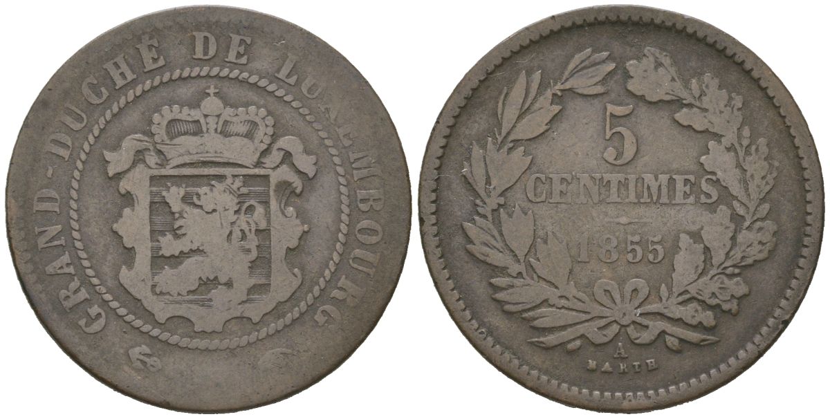 Люксембург 5 сантимов 1855 A, Виллем III (1849-1890) KM 22 бронза 4616-553