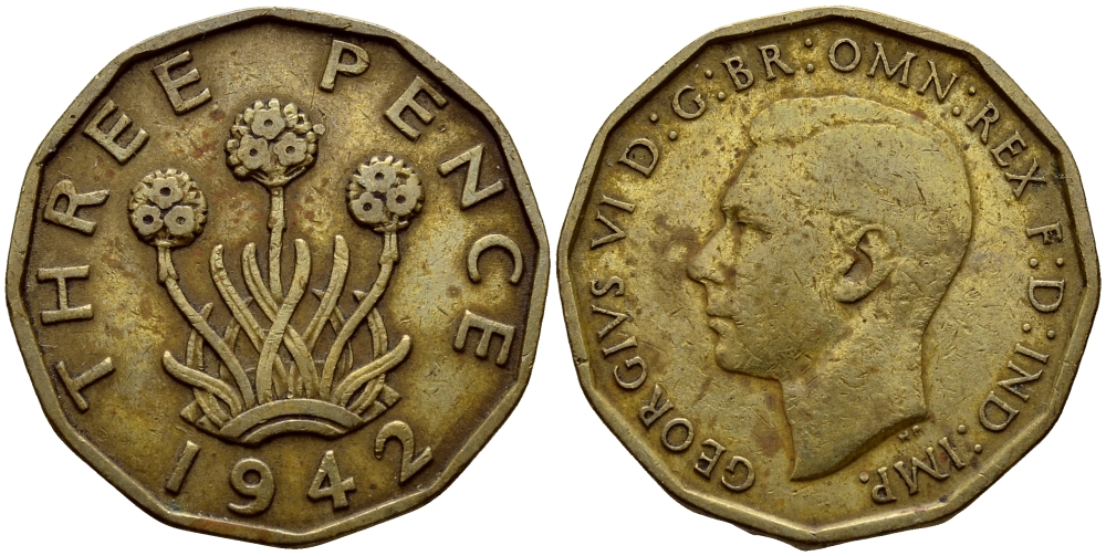 Великобритания 3 пенса 1942 Георг VI (1936-1952) KM 849, Spink 4112 никель латунь 4395-1221