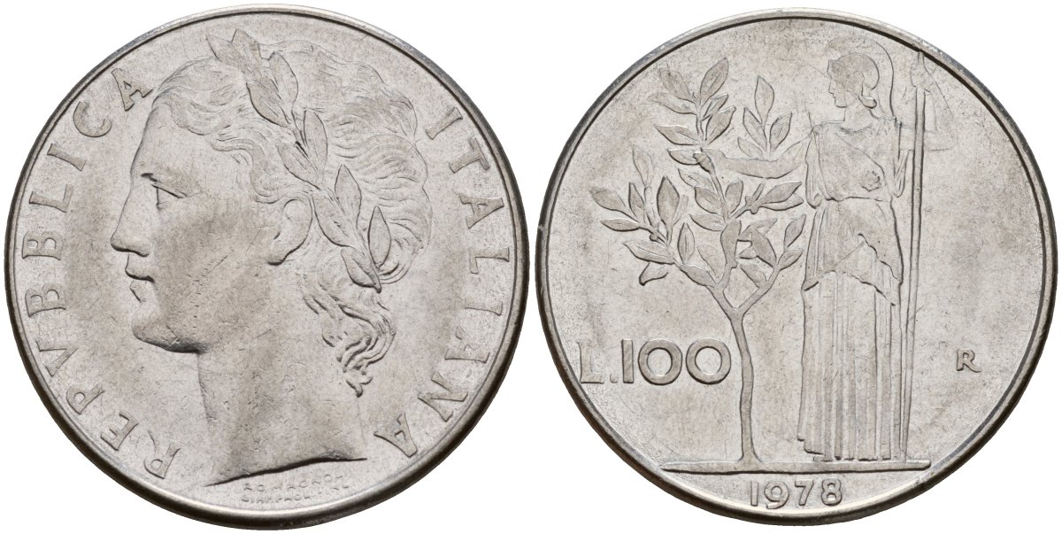Италия 100 лир 1978 R, Афина у оливкого дерева KM 96.1 нержавеющая сталь 4149-1224