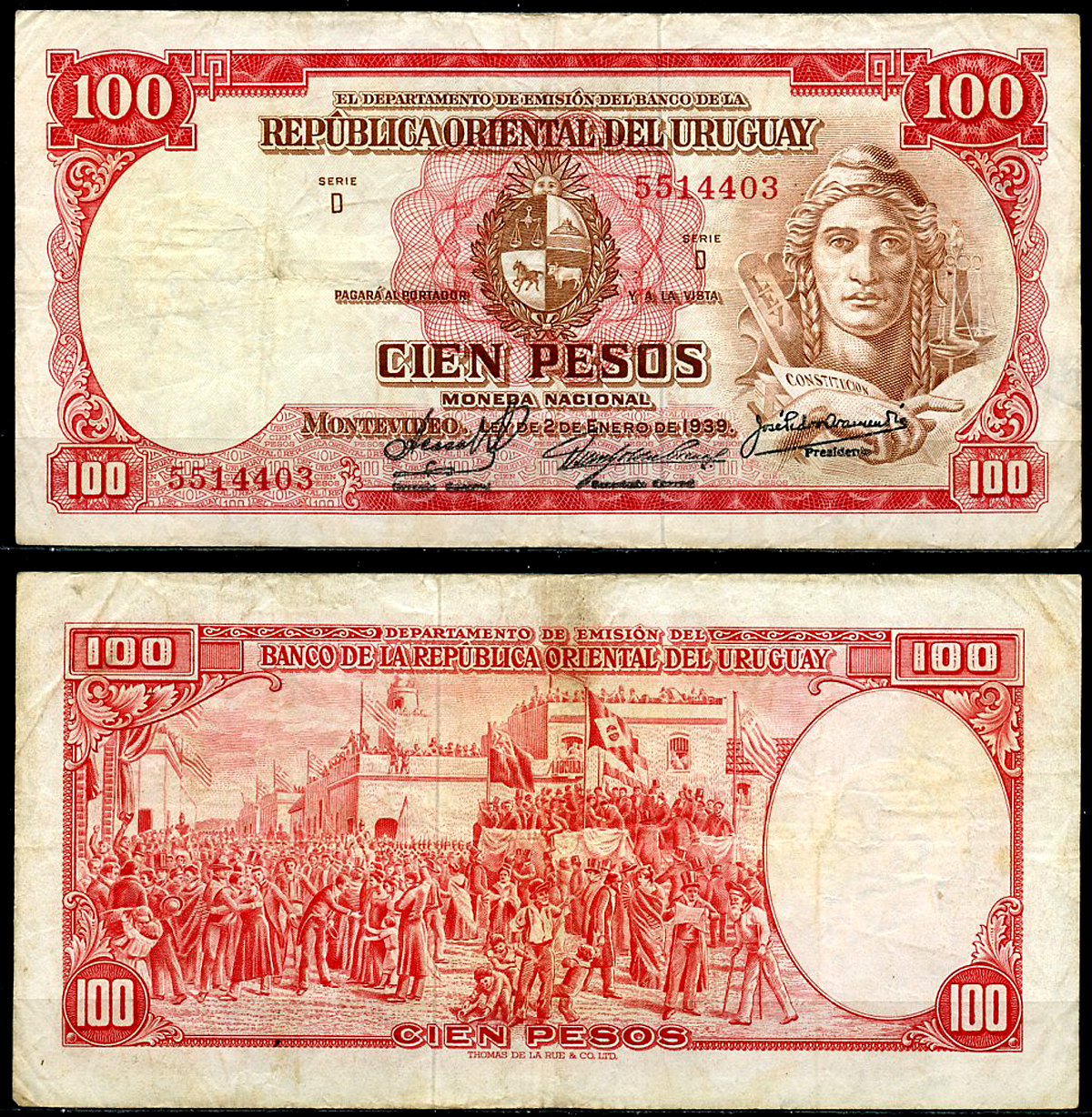 Уругвай 100 песо 1939 конституция, приведение к присяге Конституции, 1830 год, серия D, Gerente General Pick 39 c (2)  бумага   444-146-1-2