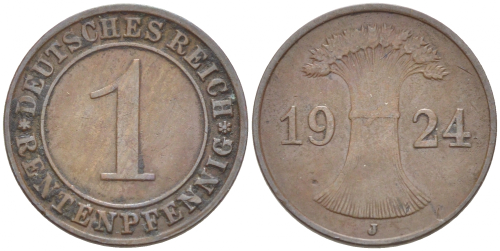 Германия 1 рентенпфенниг 1924 J KM 30 бронза 3955-648