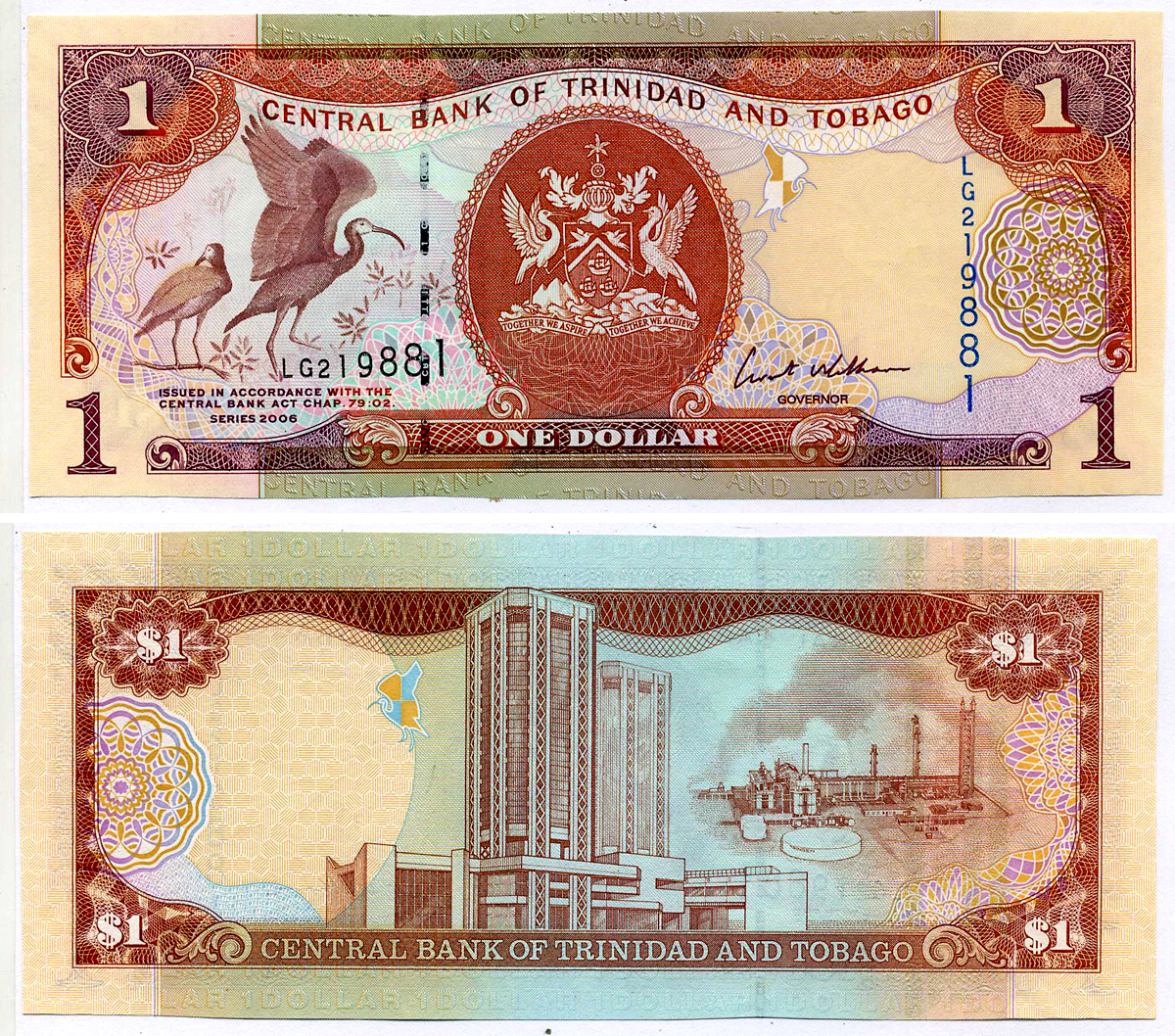 Тринидад и Тобаго 1 доллар 2006 подпись 8, номер синий, TDLR Pick 46 бумага UNC (пресс) 2197-16-1-2