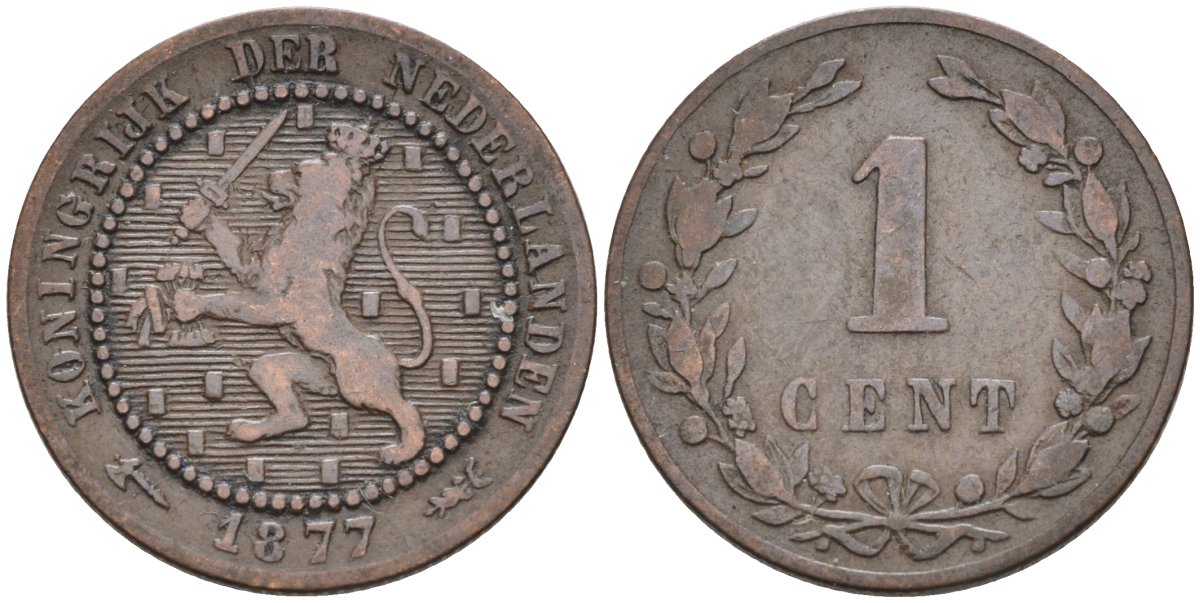 Нидерланды 1 цент 1877 Виллем III (1849-1890) KM 107 бронза 4576-522
