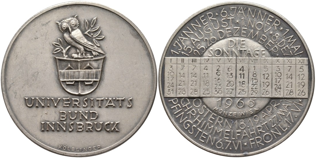 Австрия медаль 1965 серия университет Инсбрука, открытия 1965 года, медальер Kolblinger, диаметр 40 мм., серебрение бронза 4552-233
