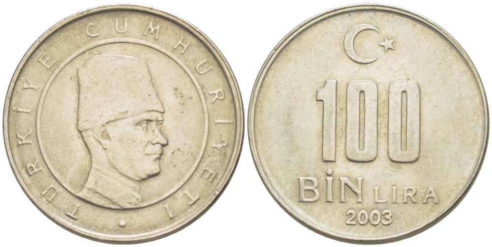 Турция 100000 лир 2003 Мустафа Кемаль Ататюрк KM 1106 медь никель цинк 217-921