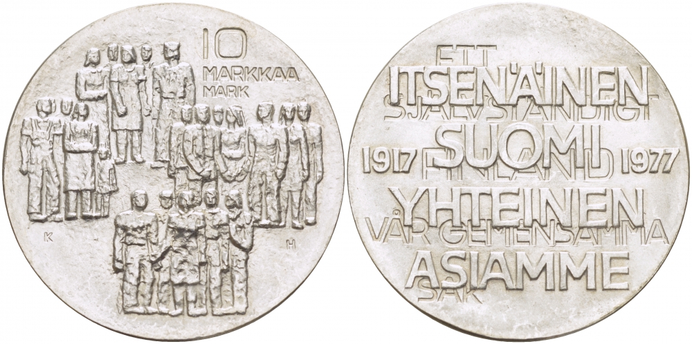 Финляндия 10 марок 1977 K-H, 60 лет независимости (1917-1977) KM 55 серебро UNC 1515-1435