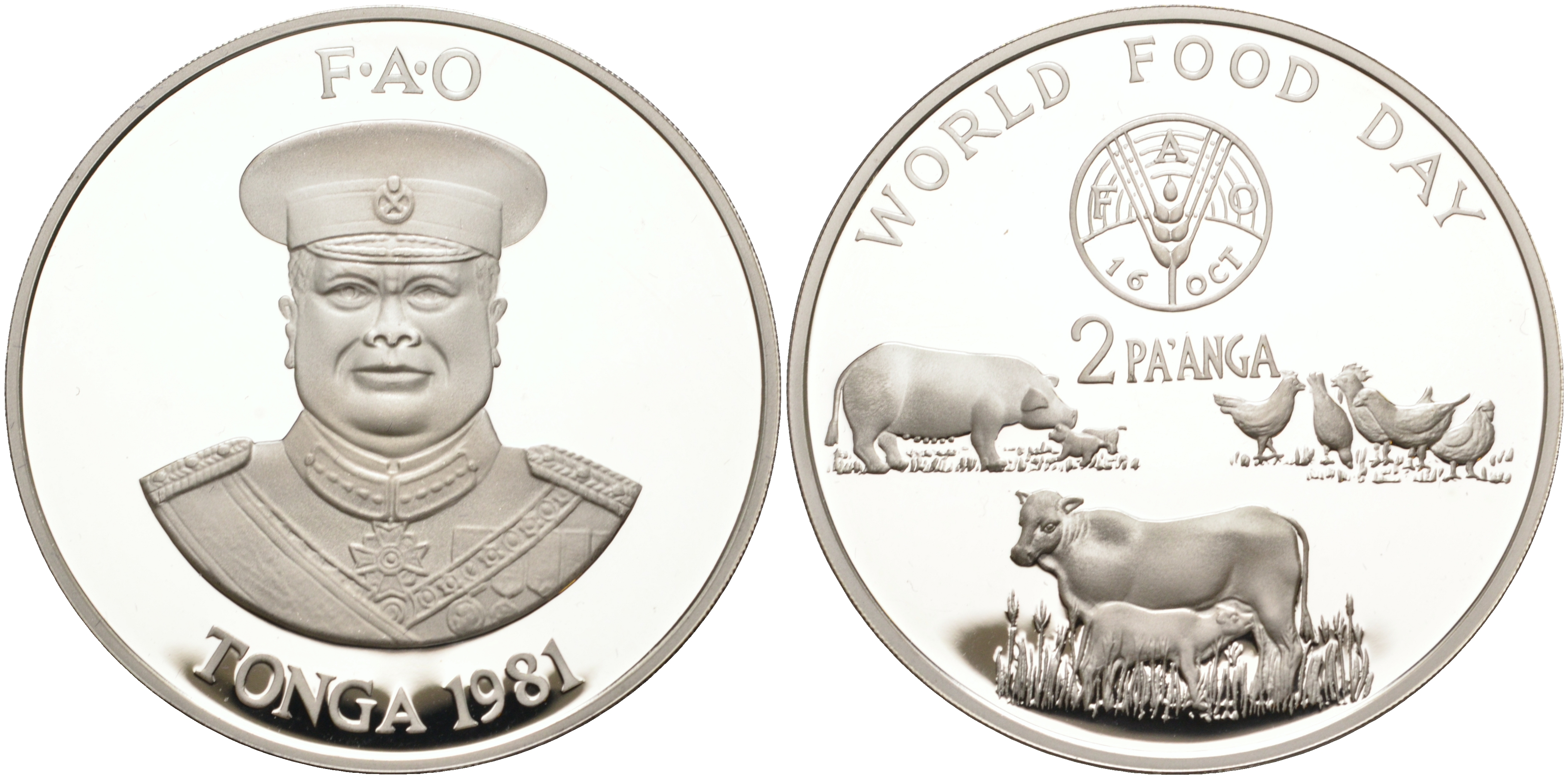 Тонга 2 паанга 1981 FAO, домашние животные, король Тауфа’ахау Тупоу IV (1967-2006) KM 73a серебро PROOF 1069-6-33