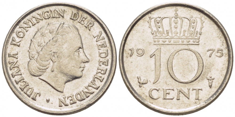 НИДЕРЛАНДЫ 10 ЦЕНТОВ 1975 KM 182 никель 3457-1128