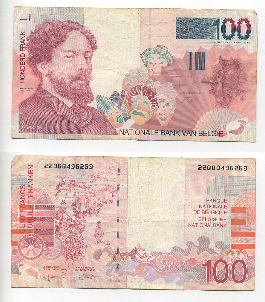 БЕЛЬГИЯ 100 ФРАНКОВ 1995-2001 ПОДПИСЬ (5 И 15), ХУДОЖНИК ДЖЕЙМС ЭНСОР Pick 147 бумага 6293-26-3