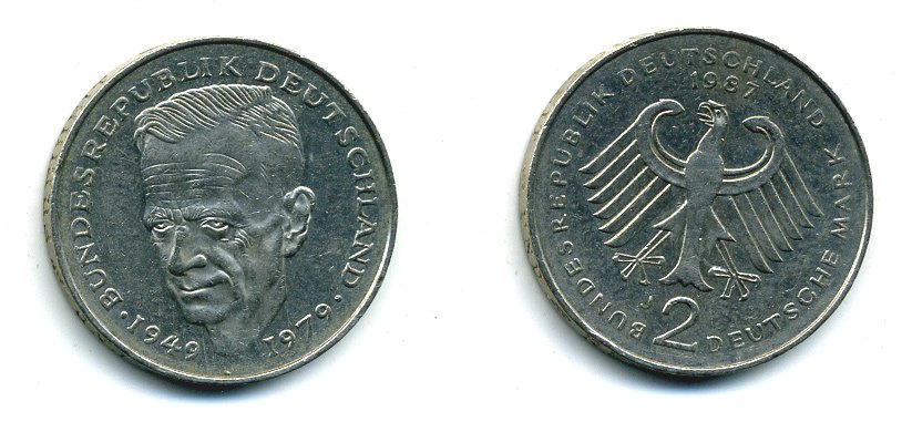 ФРГ 2 МАРКИ 1987 J, КУРТ ШУМАХЕР KM 149, J. 424 медно-никель плакированный никелем плакированный никелем 25-1921