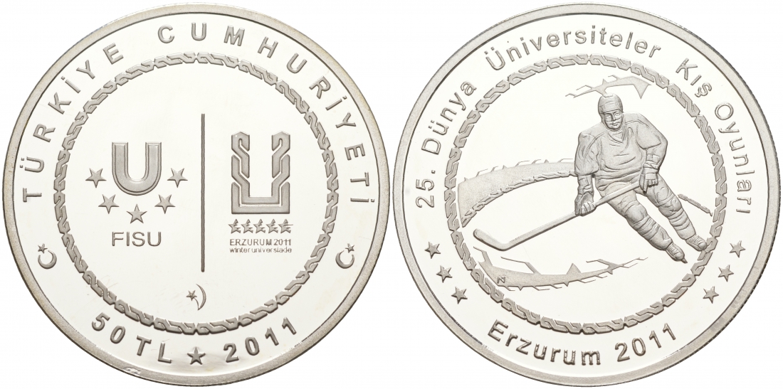 Турция 50 лир 2011 XXV зимняя Универсиада в Эрзурум 2011 года, хоккей KM NEW серебро PROOF 11-037-23