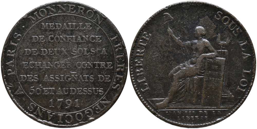 Франция 2 су 1791 токен, производство Англии, доверительная медаль, братство торговцев Парижа, братья Моннеро, по накоплению обменивались на ассигнации, диаметр 32 мм., вес 17,46 гр.  медь    1515-1215