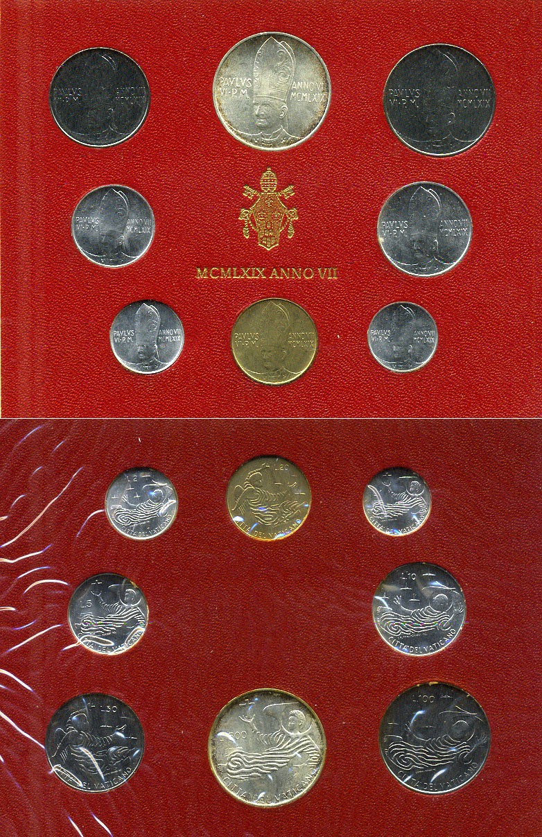 Ватикан набор из 8 монет 1969 1, 2, 5, 10, 20, 50, 100, 500 лир, в оригинальном буклете KM MS73 серебро UNC 8-1-01-16