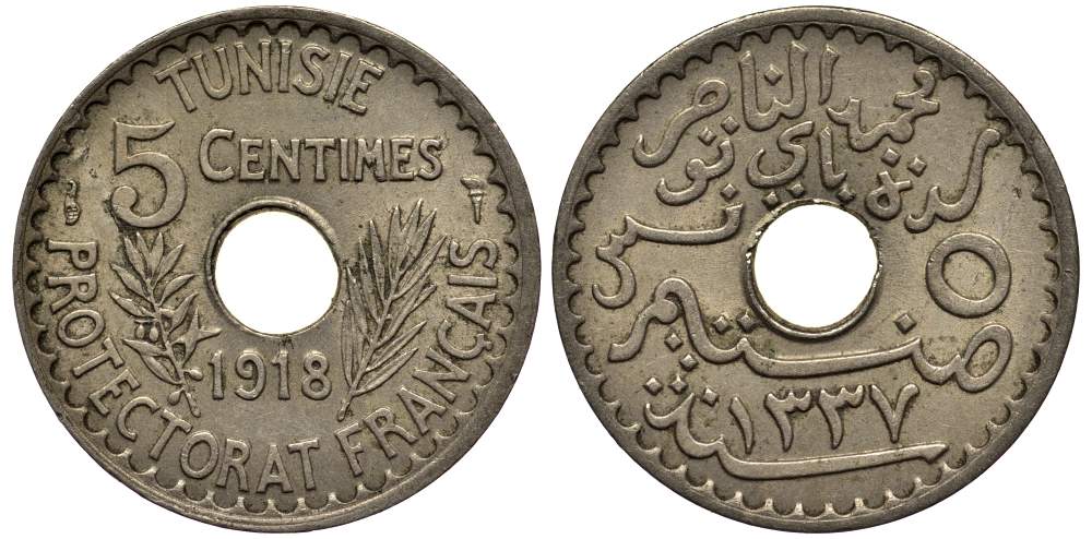 ТУНИС 5 САНТИМОВ 1918 АН1337, MOHAMMAD al-NASIR BEY KM 242 никель бронза 24-1223