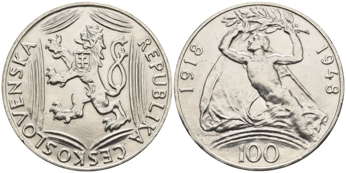 Чехословакия 100 крон 1948 30 лет независимости KM 27 серебро UNC 87-1046