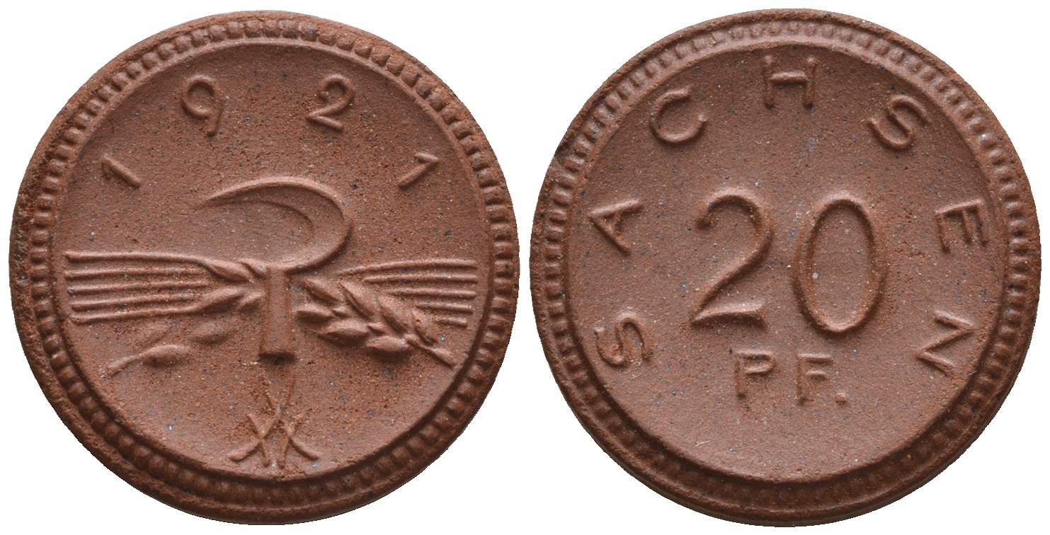Саксония 20 пфеннигов 1921 колосья и серп J. N 53 фарфор UNC 1094-8-71