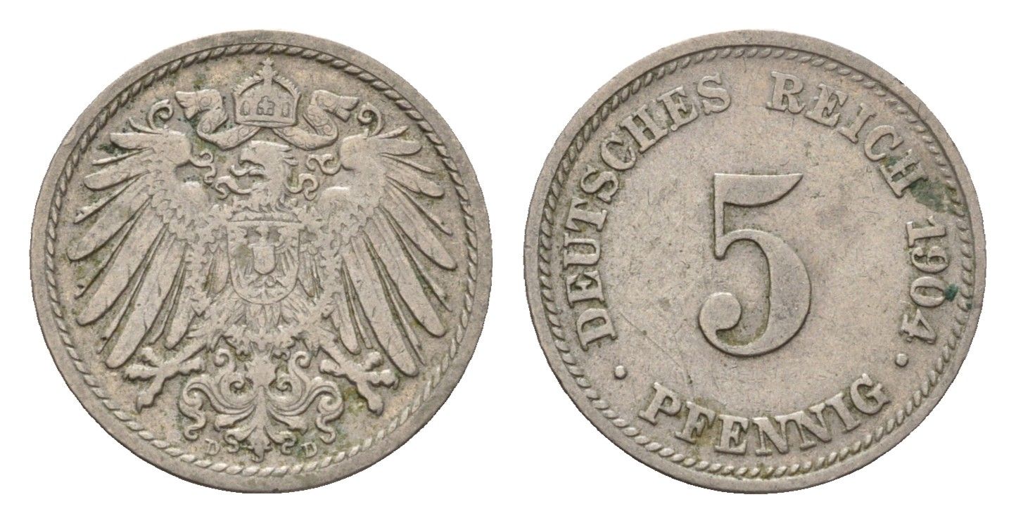 Германия 5 пфеннигов 1904 D, Вильгельм II (1888-1918) KM 11, J. 12 медно-никель 4632-1262