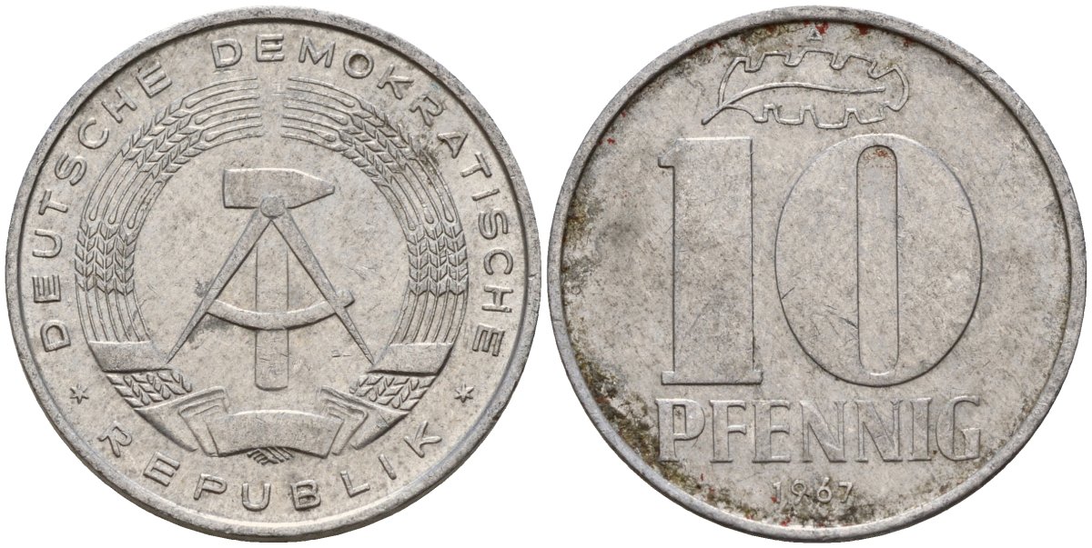 ГДР 10 пфеннигов 1967 A KM 10 алюминий 27-356
