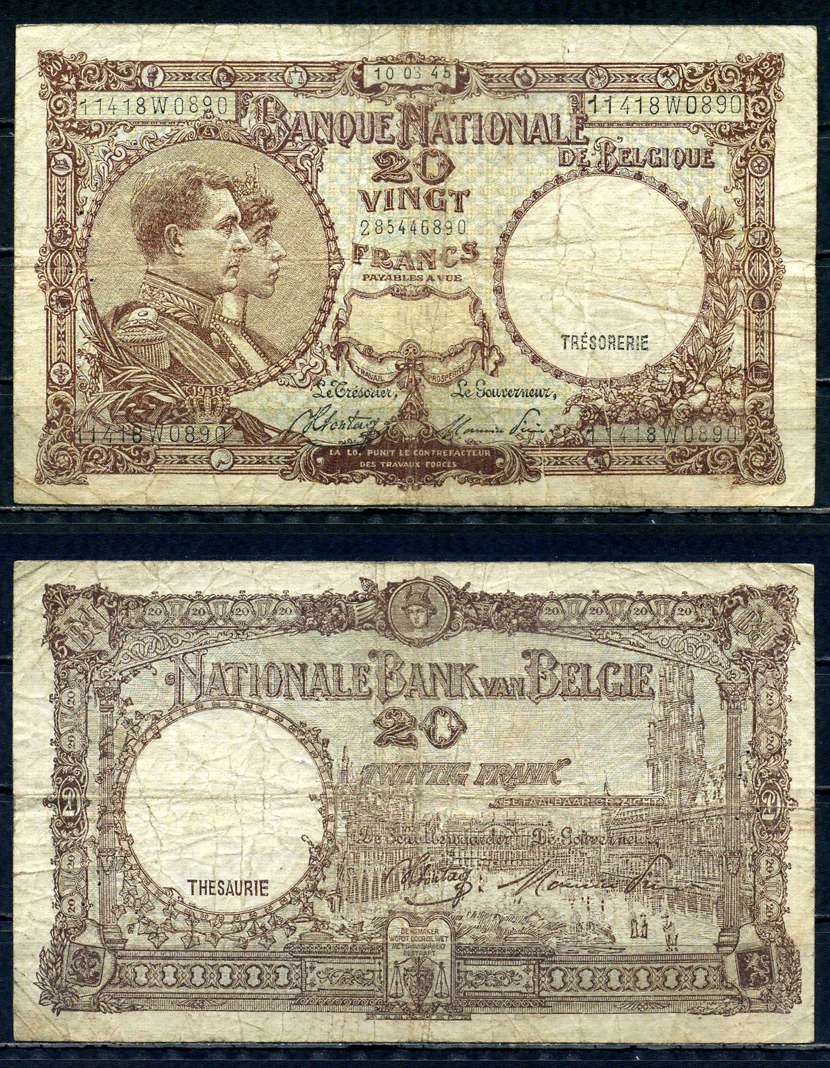 Бельгия 20 франков 1945 10.03.1945, Король Альберт I и его жена Королева Елизавета, Гран-Плас / Гроте Маркт, Брюссель Pick 111 (3) бумага 6301-15-1-2