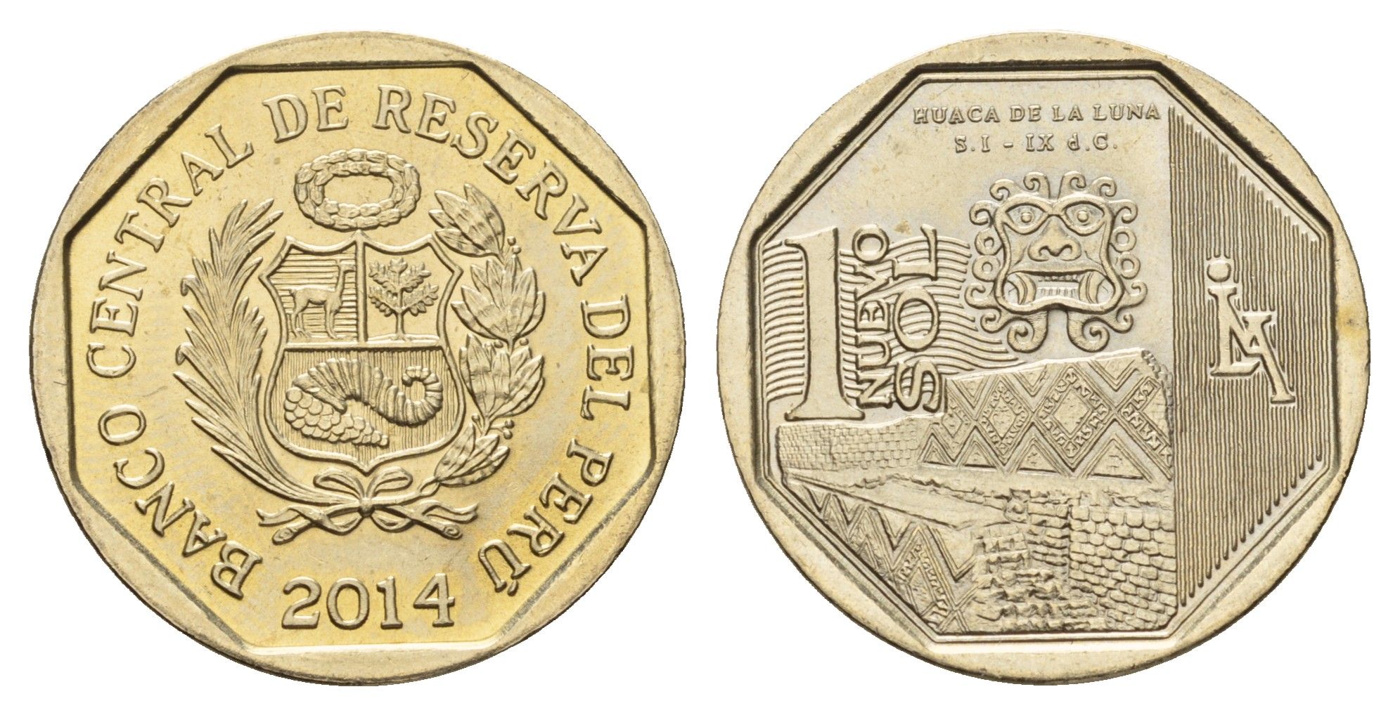 Перу 1 новый соль 2014 Богатство и гордость Перу - Храм Луны KM 380 медь цинк никель UNC 3334-621