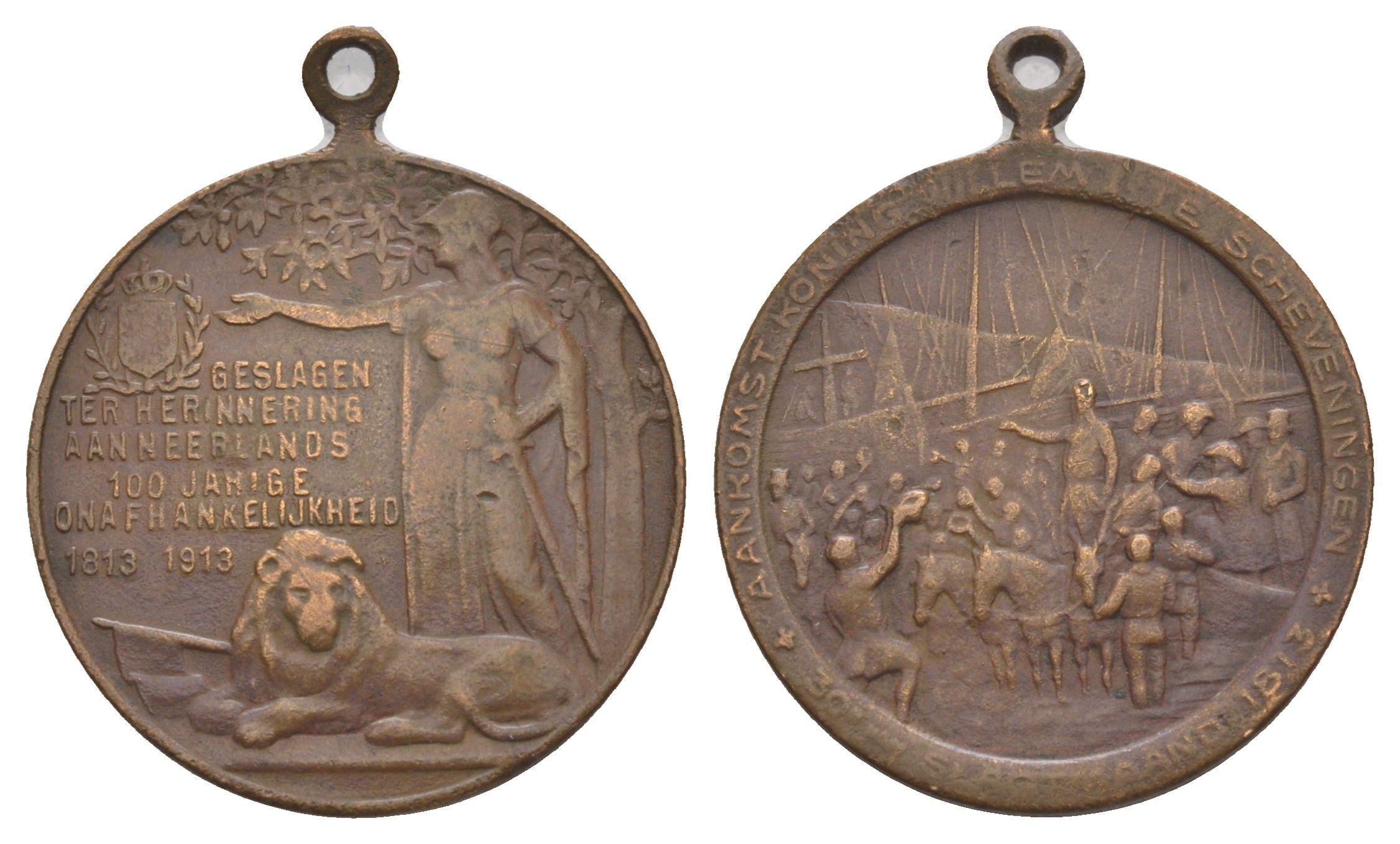 Нидерланды медаль "100-летия независимости Нидерландов 1813–1913" 1913 Прибытие короля Виллема I в Схевенинген, диаметр 29 мм, вес 9 гр бронза 4127-132