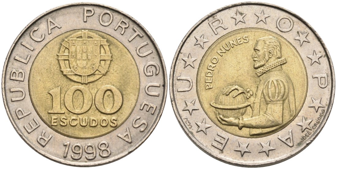 Португалия 100 эскудо 1998 Педру Нуниш (1502-1578), математик KM 645.1 биметалл 4571-955