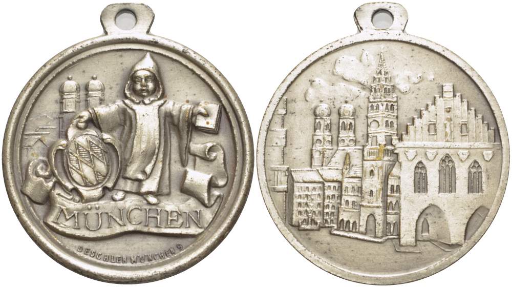 БАВАРИЯ МЕДАЛЬ ND МЮНХЕНСКИЙ МАЛЬЧИК, СИМВОЛ МЮНХЕНА, С КОЛЬЦОМ ДЛЯ ПОДВЕСКИ, ДИАМЕТР 39 ММ. белый металл 1084-4-53